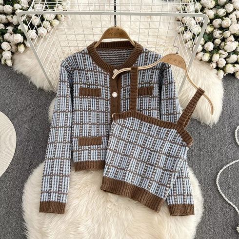 Elegant Plaid Round Neck Soft Knitted Cardigan Sweater with Tank Top Set